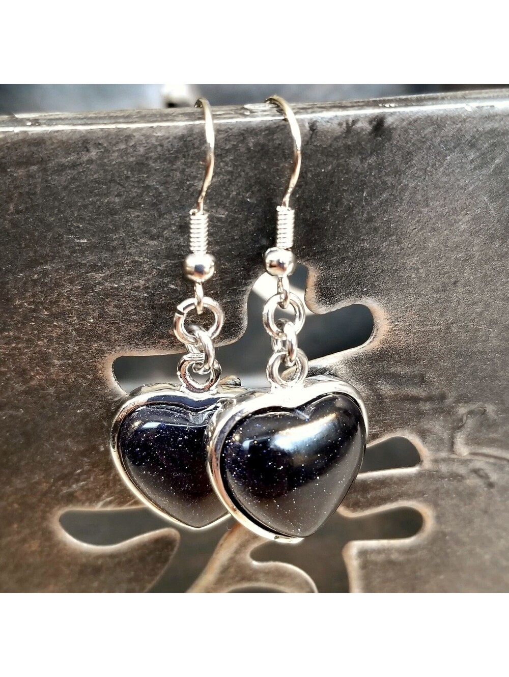 Handcrafted Blue Goldstone Heart Gemstone Pendant Dangle Earrings